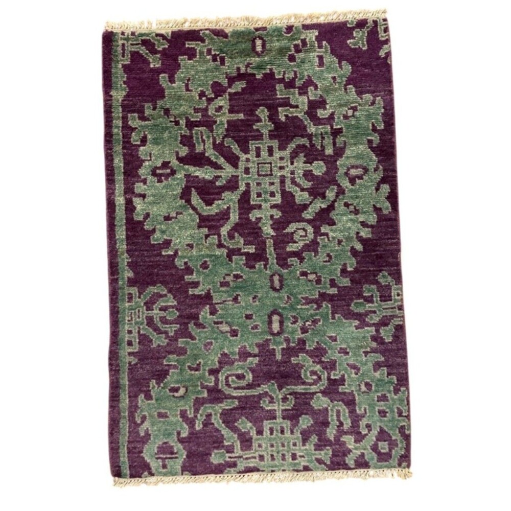 Vintage Hand Knotted Wool Oriental Rug 2x3 Purple Green Medallion Accent Rug